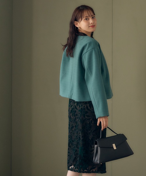 12Twelve Agenda(トゥエルブ アジェンダ)の「フェイクウールノーカラージャケット(ノーカラージャケット・レディース・チャコールグレー/オフホワイト/グリーン・M)」の15枚目の写真