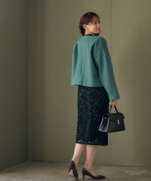 12Twelve Agenda(トゥエルブ アジェンダ)の「フェイクウールノーカラージャケット(ノーカラージャケット・レディース・チャコールグレー/オフホワイト/グリーン・M)」の16枚目の写真