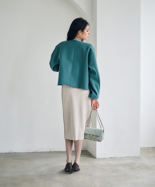 12Twelve Agenda(トゥエルブ アジェンダ)の「フェイクウールノーカラージャケット(ノーカラージャケット・レディース・チャコールグレー/オフホワイト/グリーン・M)」の11枚目の写真