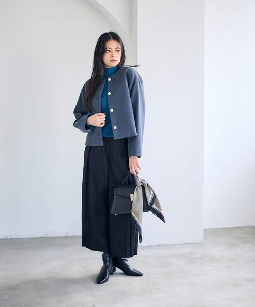 12Twelve Agenda(トゥエルブ アジェンダ)の「フェイクウールノーカラージャケット(ノーカラージャケット・レディース・チャコールグレー/オフホワイト/グリーン・M)」の18枚目の写真