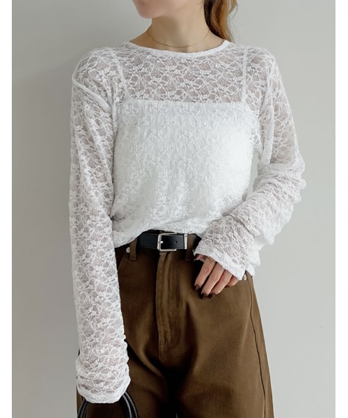 セール】カットレースクルーネック長袖トップス（Tシャツ/カットソー