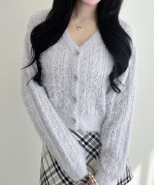 セール】フェザーヤーン透かし柄ニットカーディガン（カーディガン