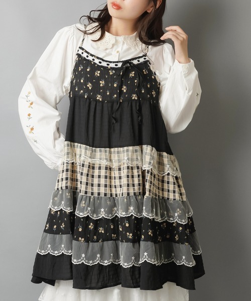 異素材のときめきをぎゅっとヴィンテージ風キャミワンピ（ワンピース