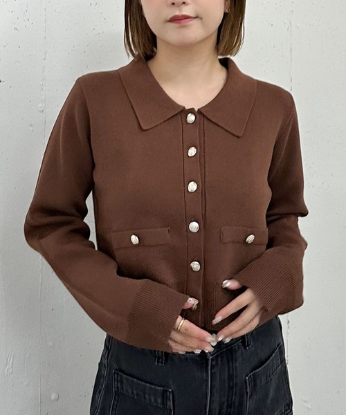 2024年 プラージュ カーディガン ニットポロ ブラウン 茶色 長袖 襟付き 2024年 プラージュ カーディガン ニットポロ ブラウン 茶色 長袖 襟付き