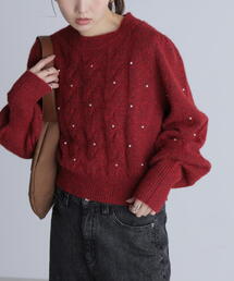 ◆パール付きケーブルショート丈ニット