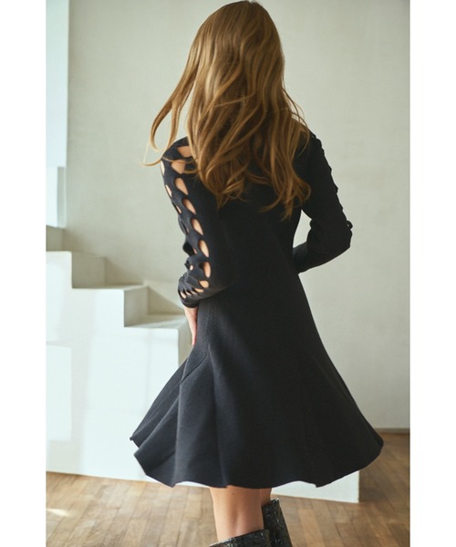 Estella.K(エステラケー)の「Audrina Knit Dress ミニフレアーリブニットドレス(ワンピース・レディース・モーブ系/ブラック・FREE)」の7枚目の写真