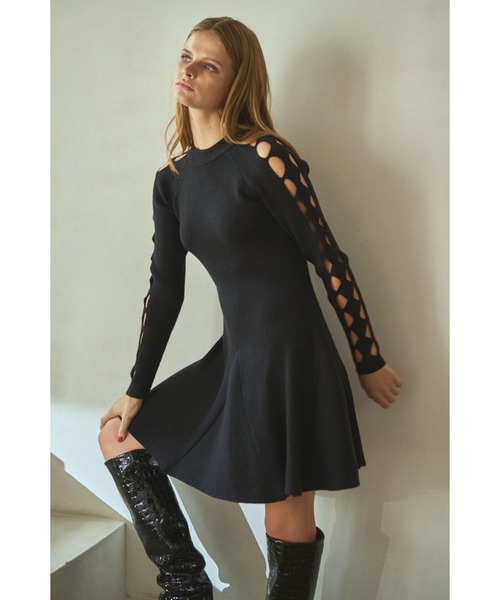 Estella.K(エステラケー)の「Audrina Knit Dress ミニフレアーリブニットドレス(ワンピース・レディース・モーブ系/ブラック・FREE)」の9枚目の写真