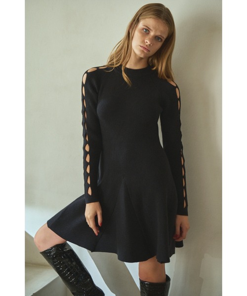 Estella.K(エステラケー)の「Audrina Knit Dress ミニフレアーリブニットドレス(ワンピース・レディース・モーブ系/ブラック・FREE)」の11枚目の写真