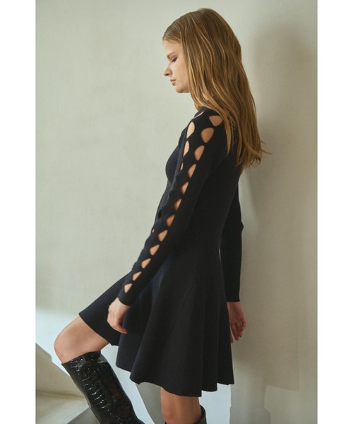 Estella.K(エステラケー)の「Audrina Knit Dress ミニフレアーリブニットドレス(ワンピース・レディース・モーブ系/ブラック・FREE)」の12枚目の写真