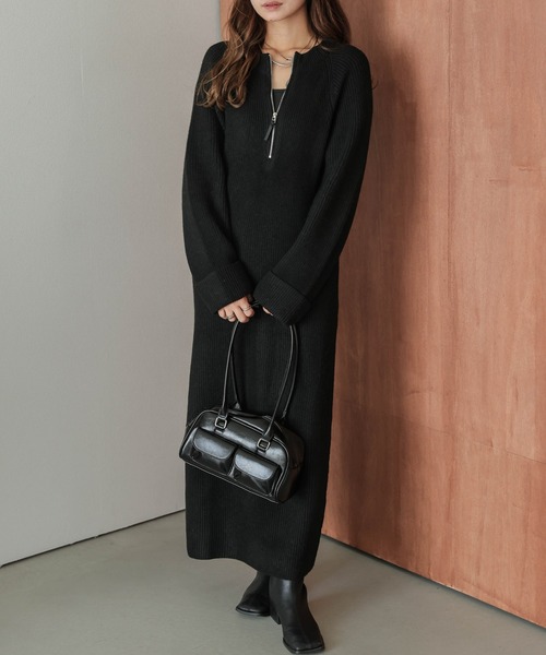 La-gemme（ラジェム）の「ハーフジップ リブニットワンピース（ワンピース・レディース・グレー/アイボリー/ベージュ/ブラック・フリー）」の2枚目の写真