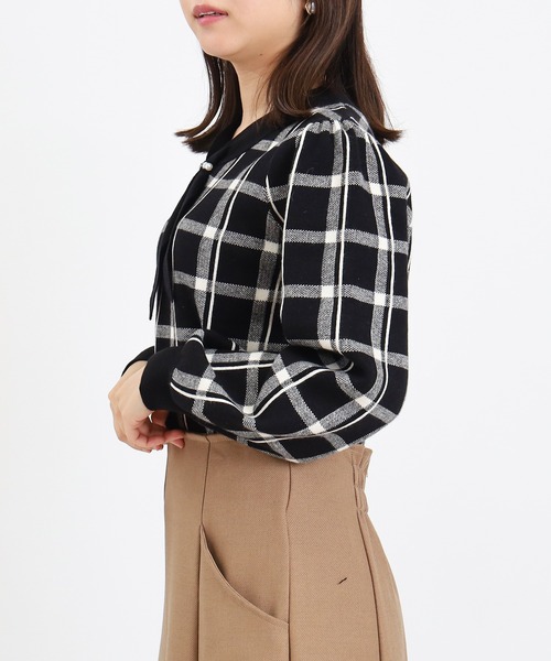 ASTORIA ODIER（アストリアオディール）の「チェック柄ジャガードボウタイプルオーバー（ニット/セーター・レディース・ブラック/サックスブルー/ホワイト・MEDIUM/LARGE）」の13枚目の写真