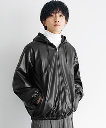 MinoriTY | 【MinoriTY select】PUレザーフルジップオーバーサイズパーカー フーディー ビッグシルエット ルーズフィット 革ジャン 革ジャケット(パーカー)