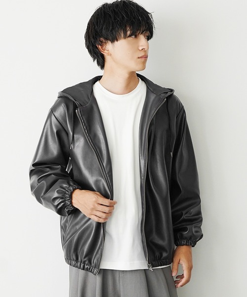 MinoriTY（マイノリティ）の「【MinoriTY select】PUレザーフルジップオーバーサイズパーカー フーディー ビッグシルエット ルーズフィット 革ジャン 革ジャケット（パーカー・メンズ・チャコール/ブラック・M/L/LL）」の9枚目の写真