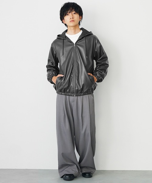 MinoriTY（マイノリティ）の「【MinoriTY select】PUレザーフルジップオーバーサイズパーカー フーディー ビッグシルエット ルーズフィット 革ジャン 革ジャケット（パーカー・メンズ・チャコール/ブラック・M/L/LL）」の10枚目の写真