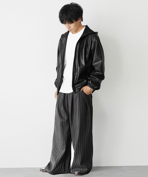 MinoriTY（マイノリティ）の「【MinoriTY select】PUレザーフルジップオーバーサイズパーカー フーディー ビッグシルエット ルーズフィット 革ジャン 革ジャケット（パーカー・メンズ・チャコール/ブラック・M/L/LL）」の6枚目の写真