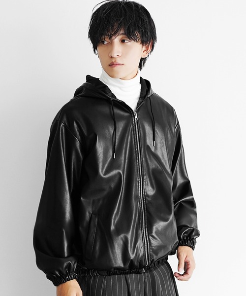 MinoriTY（マイノリティ）の「【MinoriTY select】PUレザーフルジップオーバーサイズパーカー フーディー ビッグシルエット ルーズフィット 革ジャン 革ジャケット（パーカー・メンズ・チャコール/ブラック・M/L/LL）」の5枚目の写真