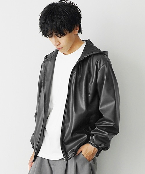 MinoriTY（マイノリティ）の「【MinoriTY select】PUレザーフルジップオーバーサイズパーカー フーディー ビッグシルエット ルーズフィット 革ジャン 革ジャケット（パーカー・メンズ・チャコール/ブラック・M/L/LL）」の8枚目の写真