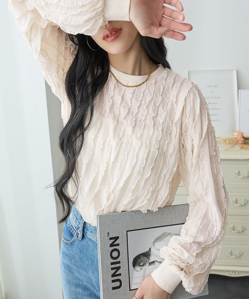 ReDial(リダイアル)の「フリルTシャツ(長袖)(Tシャツ/カットソー・レディース・チャコール/ベージュ/ブラック/アイボリー/ピンク/ブルーグレー・M/L/LL/3L)」の5枚目の写真