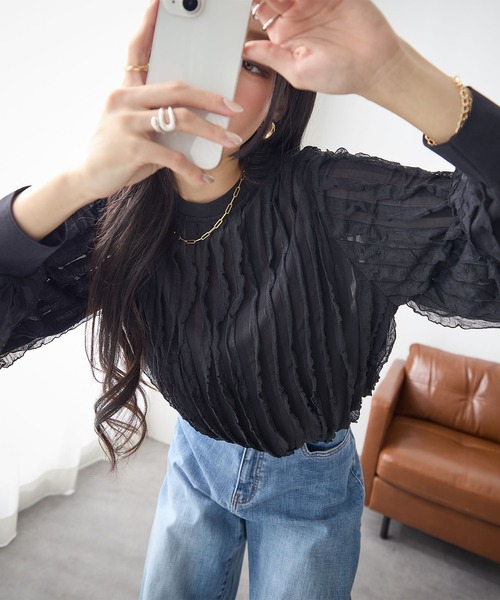 ReDial(リダイアル)の「フリルTシャツ(長袖)(Tシャツ/カットソー・レディース・チャコール/ベージュ/ブラック/アイボリー/ピンク/ブルーグレー・M/L/LL/3L)」の7枚目の写真