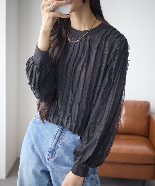 ReDial(リダイアル)の「フリルTシャツ(長袖)(Tシャツ/カットソー・レディース・チャコール/ベージュ/ブラック/アイボリー/ピンク/ブルーグレー・M/L/LL/3L)」の10枚目の写真