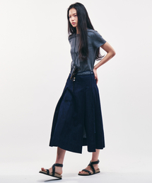 Denim Pleated Belt Long Skirt_INDIGO
