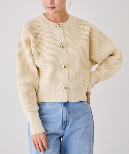 Jayro（ジャイロ）の「ビッグ釦柄切替バルーンカーディガン（カーディガン/ボレロ・レディース・オフホワイト/ブラック/オレンジ・FREE）」の2枚目の写真