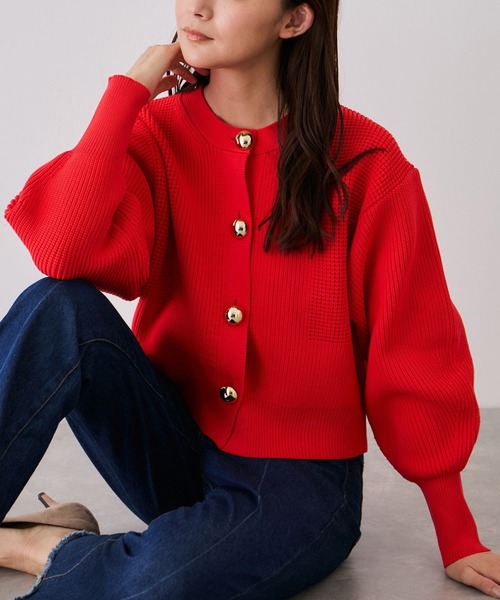 Jayro（ジャイロ）の「ビッグ釦柄切替バルーンカーディガン（カーディガン/ボレロ・レディース・オフホワイト/ブラック/オレンジ・FREE）」の3枚目の写真