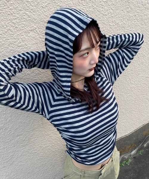 JEANASIS(ジーナシス)の「【25quee】ヘンリーボーダーフーディ/636183(パーカー・レディース・ベージュ系その他/ネイビー系/イエロー系その他・FREE)」の2枚目の写真