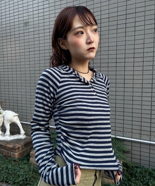 JEANASIS(ジーナシス)の「【25quee】ヘンリーボーダーフーディ/636183(パーカー・レディース・ベージュ系その他/ネイビー系/イエロー系その他・FREE)」の12枚目の写真