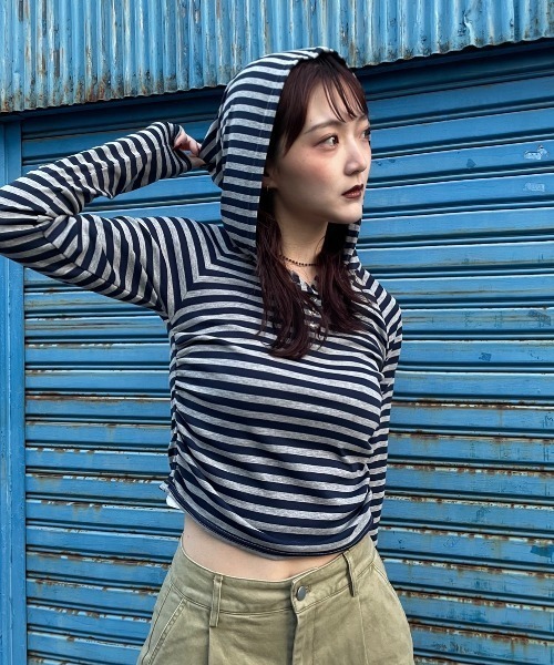 JEANASIS(ジーナシス)の「【25quee】ヘンリーボーダーフーディ/636183(パーカー・レディース・ベージュ系その他/ネイビー系/イエロー系その他・FREE)」の14枚目の写真