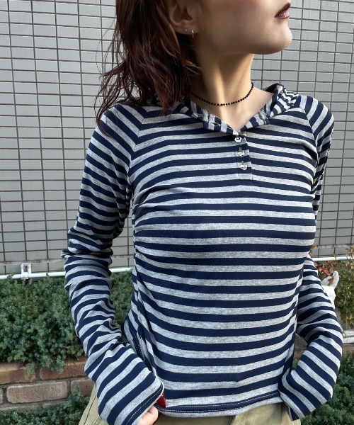 JEANASIS(ジーナシス)の「【25quee】ヘンリーボーダーフーディ/636183(パーカー・レディース・ベージュ系その他/ネイビー系/イエロー系その他・FREE)」の18枚目の写真