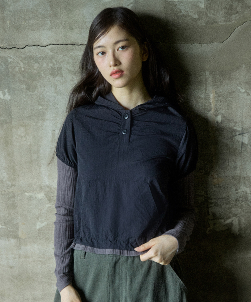 セール】W PUFF SLEEVES LAYERED HOODIE [BLACK]（パーカー
