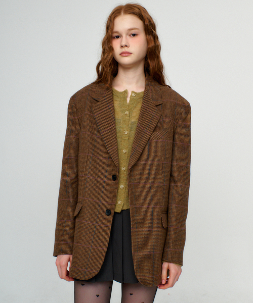 グレンチェックウールジャケット_ブラウン