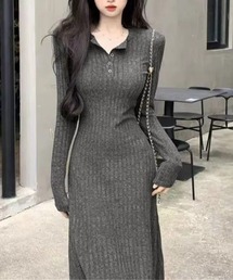 リブニットワンピース 長袖 ロングワンピ