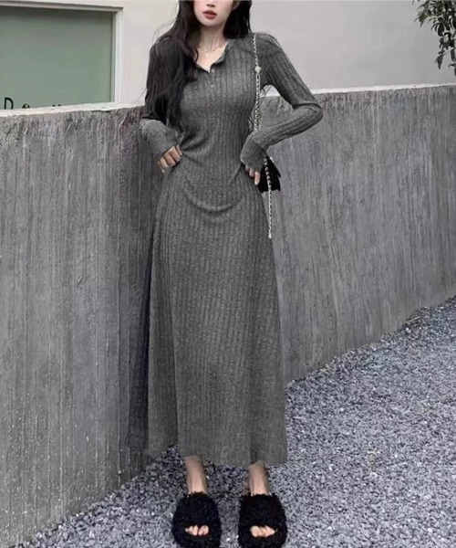 Miniministore（ミニミニストア）の「リブニットワンピース 長袖 ロングワンピ（ワンピース・レディース・グレイッシュベージュ/ブラック/グレー・FREE）」の4枚目の写真