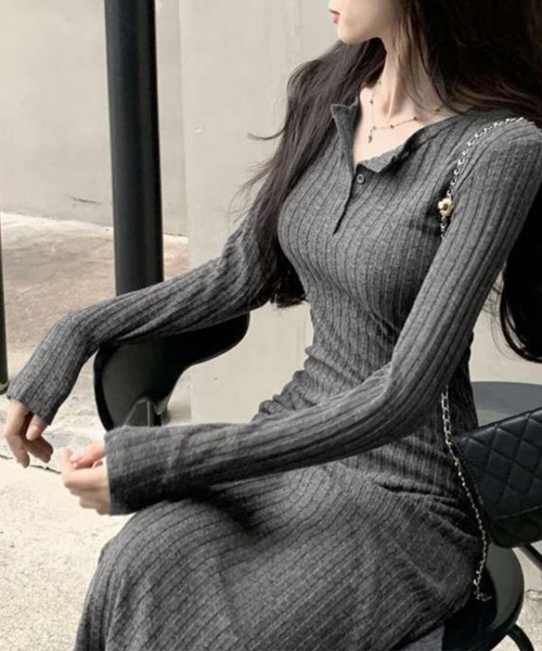 Miniministore（ミニミニストア）の「リブニットワンピース 長袖 ロングワンピ（ワンピース・レディース・グレイッシュベージュ/ブラック/グレー・FREE）」の6枚目の写真