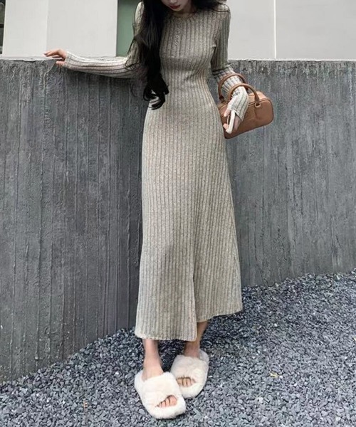 Miniministore（ミニミニストア）の「リブニットワンピース 長袖 ロングワンピ（ワンピース・レディース・グレイッシュベージュ/ブラック/グレー・FREE）」の12枚目の写真