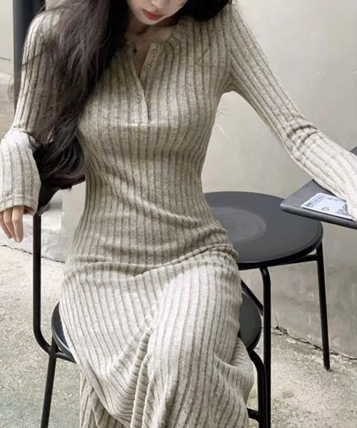 Miniministore（ミニミニストア）の「リブニットワンピース 長袖 ロングワンピ（ワンピース・レディース・グレイッシュベージュ/ブラック/グレー・FREE）」の17枚目の写真