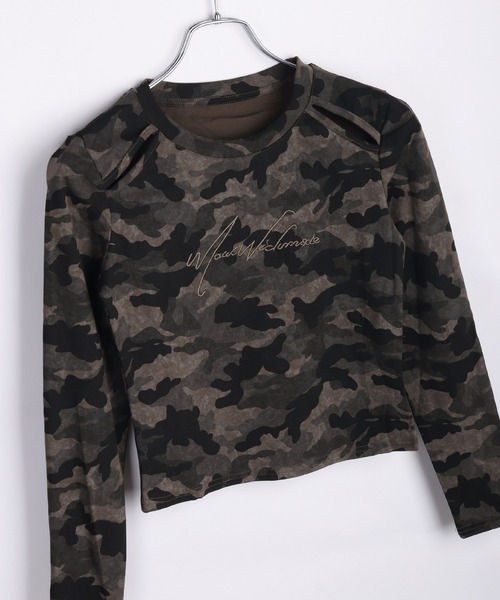 WESTSEA(ウエストシー)の「カモフラージュ ショート丈 カットアウト ロンT 薄手(Tシャツ/カットソー・レディース・カーキ/チャコール・FREE)」の1枚目の写真