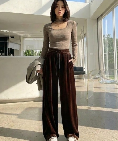 gossip!ロサンゼルス(ゴシップロサンゼルス)の「ドロスト イージーベロアパンツ(その他パンツ・レディース・ネイビー/ブラウン/ブラック・FREE)」の3枚目の写真
