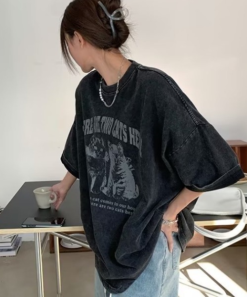 SHEPP（シープ）の「【26年春夏新作】ピグメントキャットシルエットハーフスリーブTシャツ 半袖（Tシャツ/カットソー・レディース・ブラック・L/M）」の2枚目の写真