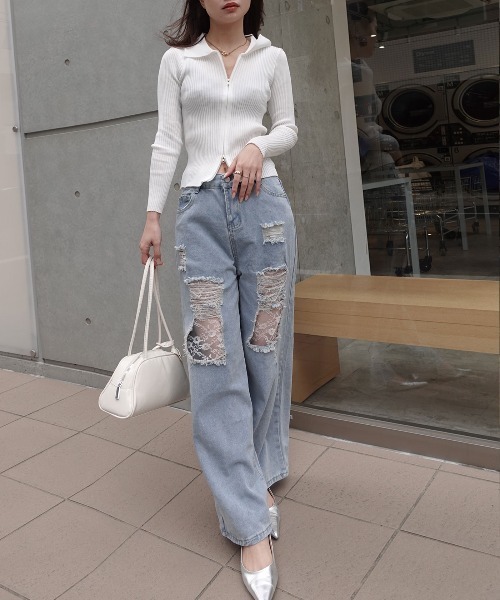 CORNERS（コーナーズ）の「ダメージレースデニムパンツ（デニムパンツ・レディース・ブルー・L/M/XL）」の3枚目の写真