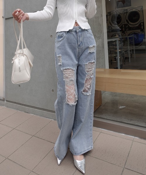 CORNERS（コーナーズ）の「ダメージレースデニムパンツ（デニムパンツ・レディース・ブルー・L/M/XL）」の4枚目の写真