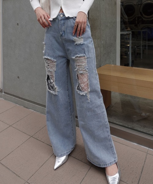 CORNERS（コーナーズ）の「ダメージレースデニムパンツ（デニムパンツ・レディース・ブルー・L/M/XL）」の5枚目の写真