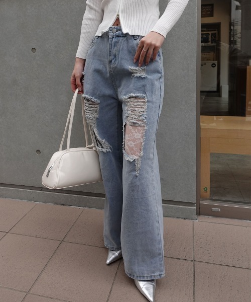 CORNERS（コーナーズ）の「ダメージレースデニムパンツ（デニムパンツ・レディース・ブルー・L/M/XL）」の6枚目の写真