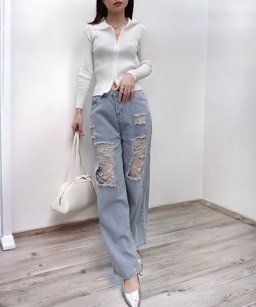 CORNERS(コーナーズ)の「ダメージレースデニムパンツ(デニムパンツ・レディース・ブルー・L/M/XL)」の5枚目の写真
