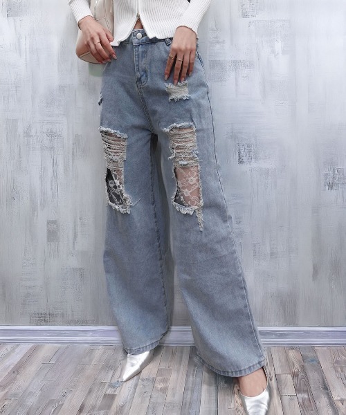 CORNERS(コーナーズ)の「ダメージレースデニムパンツ(デニムパンツ・レディース・ブルー・L/M/XL)」の6枚目の写真