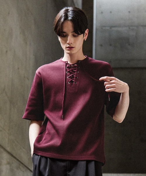 CLEL(クレイル)の「【CLEL】Functional Thermal Lace-Up Short Sleeve T-Shirt / ファンクショナリー サーマルレースアップ半袖Tシャツ(抗菌防臭/吸水速乾)(Tシャツ/カットソー・メンズ・ネイビー/ブラック/杢グレー/ワイン/グレイッシュベージュ/グレー系1/ダークブラウン/グレー系2・S/XS/L/M)」の10枚目の写真