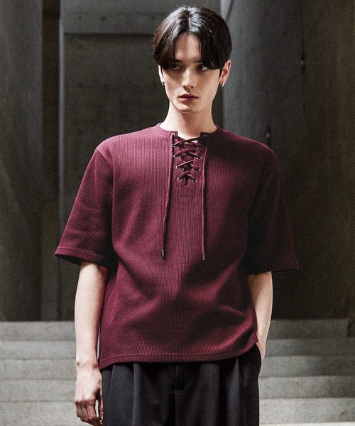 CLEL(クレイル)の「【CLEL】Functional Thermal Lace-Up Short Sleeve T-Shirt / ファンクショナリー サーマルレースアップ半袖Tシャツ(抗菌防臭/吸水速乾)(Tシャツ/カットソー・メンズ・ネイビー/ブラック/杢グレー/ワイン/グレイッシュベージュ/グレー系1/ダークブラウン/グレー系2・S/XS/L/M)」の11枚目の写真