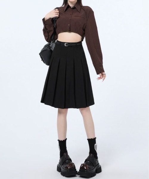 kirakiraShop(キラキラショップ)の「ベルト付き プリーツ フレア ミディスカート(スカート・レディース・ライトベージュ/ブラック/チャコール・L/M/S)」の5枚目の写真